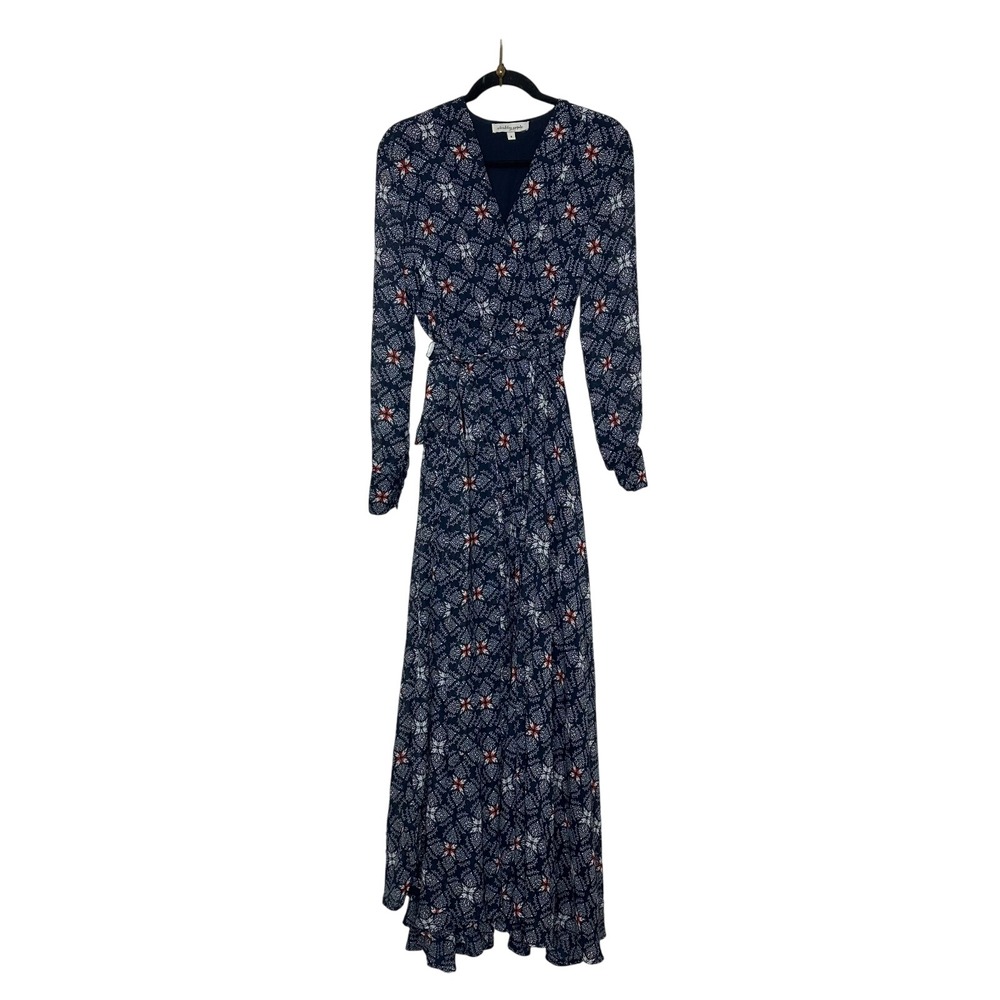 Shabby Apple Long Sleeve Faux Wrap Maxi Dress Size 8 Navy Blue Red Modest Preppy